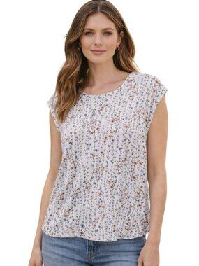 Rachel Zoe Botanical Floral 100% Linen Cap Sleeve Button Back Top Size M